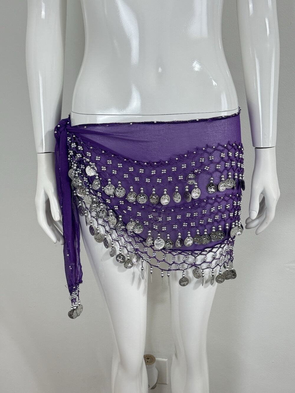 Belly Dance Hip Scarf Coin Belt Purple Chiffon Gold Coins Festival Costume